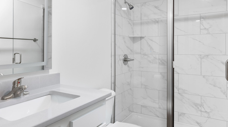 Bathroom with walk-in shower and quartz vanity