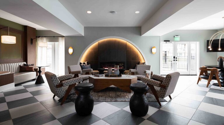 Resident lounge with fireplace